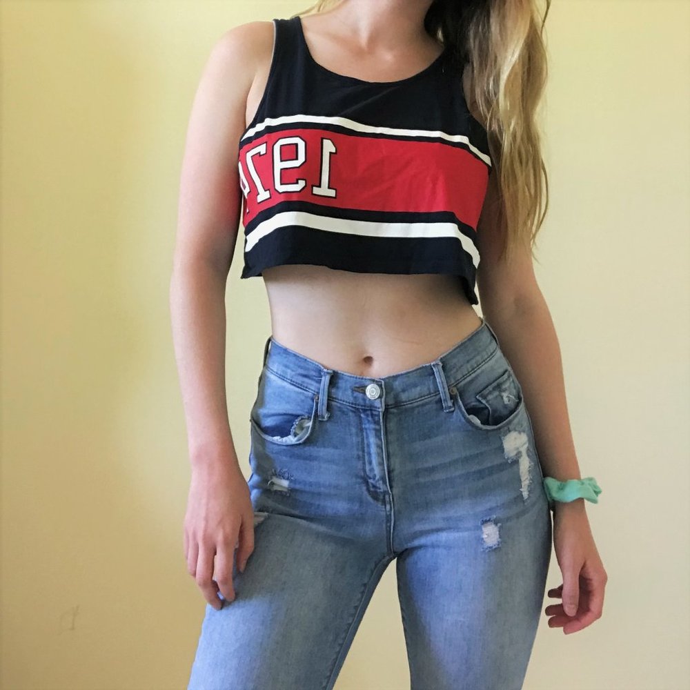 Navy, red, and white striped graphic 1974 crop top